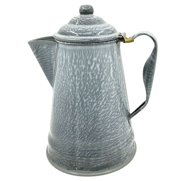 Grey Graniteware Coffee Pot Enamel Vntg Speckled Cowboy Kettle Rustic Farmhouse - Picture 1 of 7